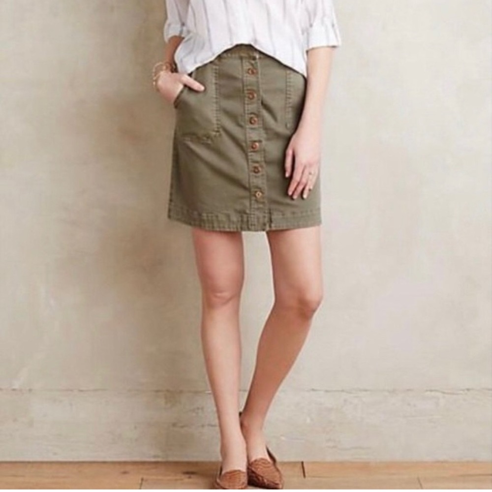 Anthropologie Pilcro and the Letterpress Army Green Button front skirt 0